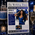Birthday Newspaper Invitation with Photo, Elegant Dinner Party & Brunch Celebration Invite For Him and Her, Blue Editable Canva Template