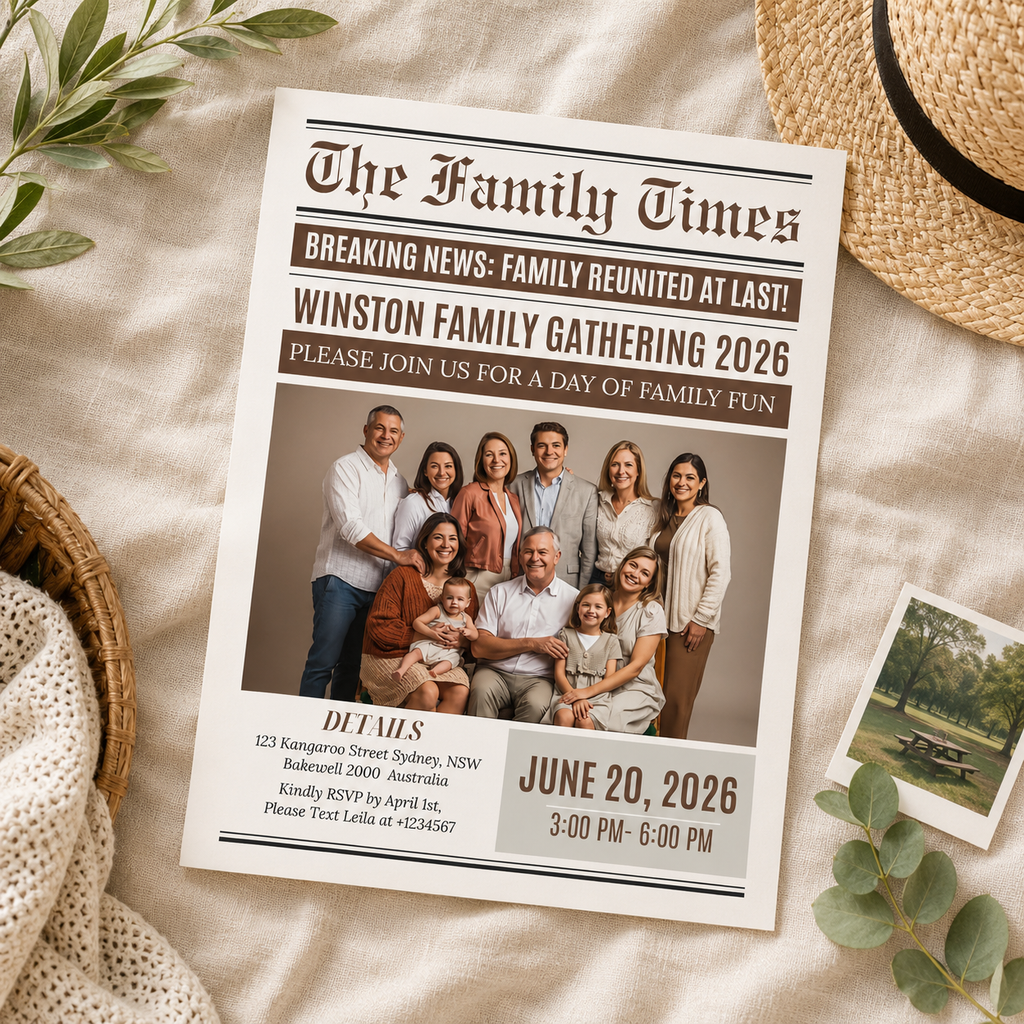 Newspaper Family Reunion Invitation with Photo, Family Gathering Party Invite, Brunch Dinner Printable Editable Digital Canva Template