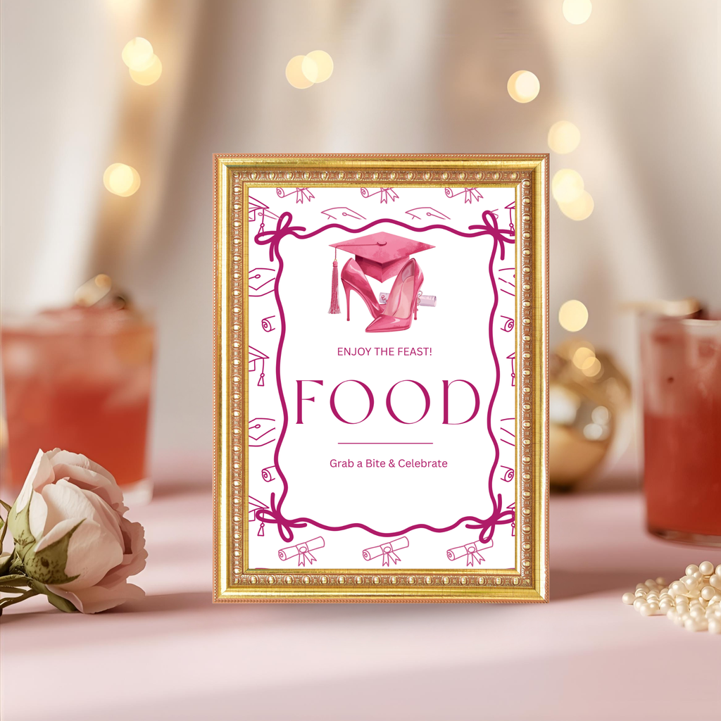 Pink Coquette Graduation Table Signs Bundle, Senior Grad Favor sign, College Fund Sign, Food Sign, Graduates Party Decor Printable Template