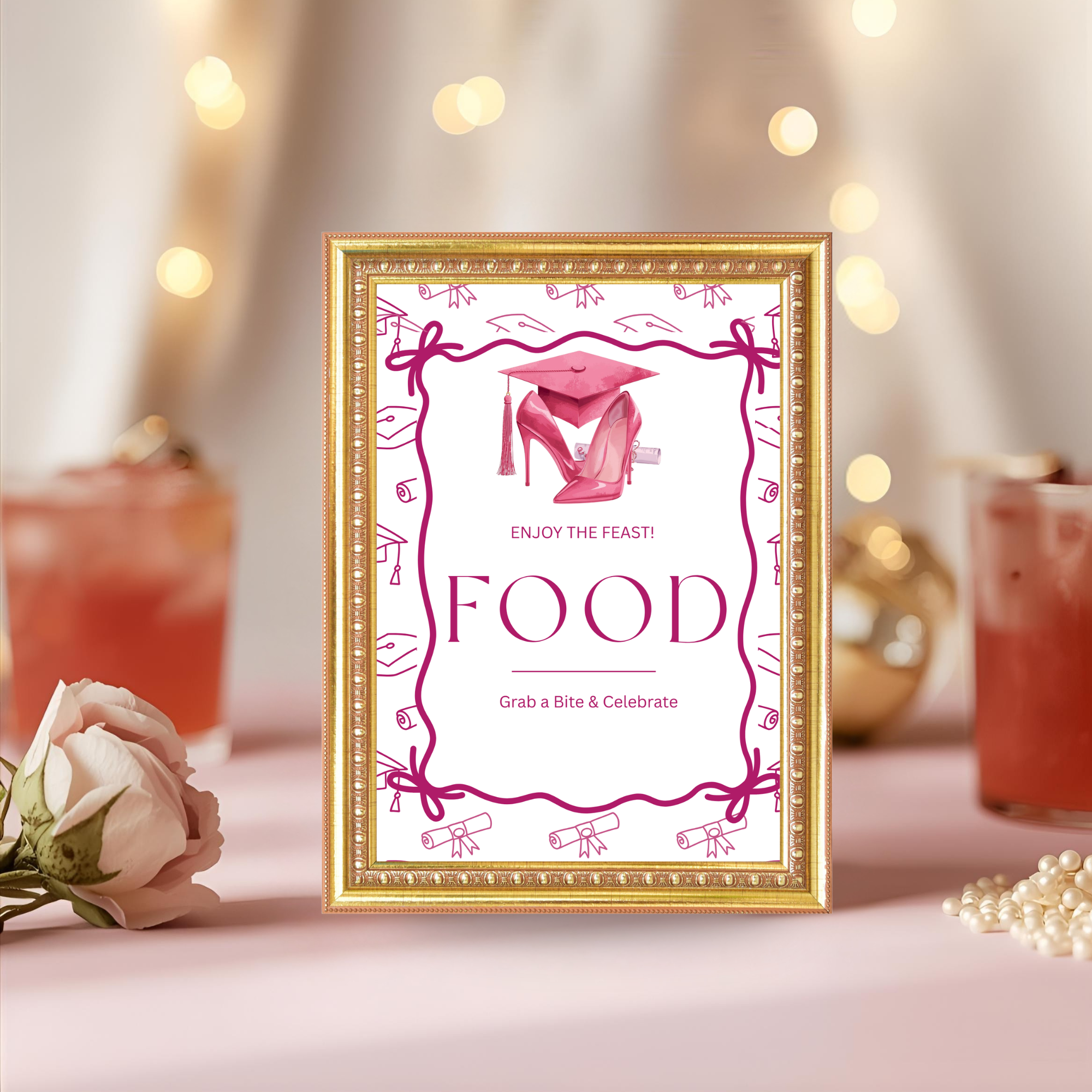 Pink Coquette Graduation Table Signs Bundle, Senior Grad Favor sign, College Fund Sign, Food Sign, Graduates Party Decor Printable Template