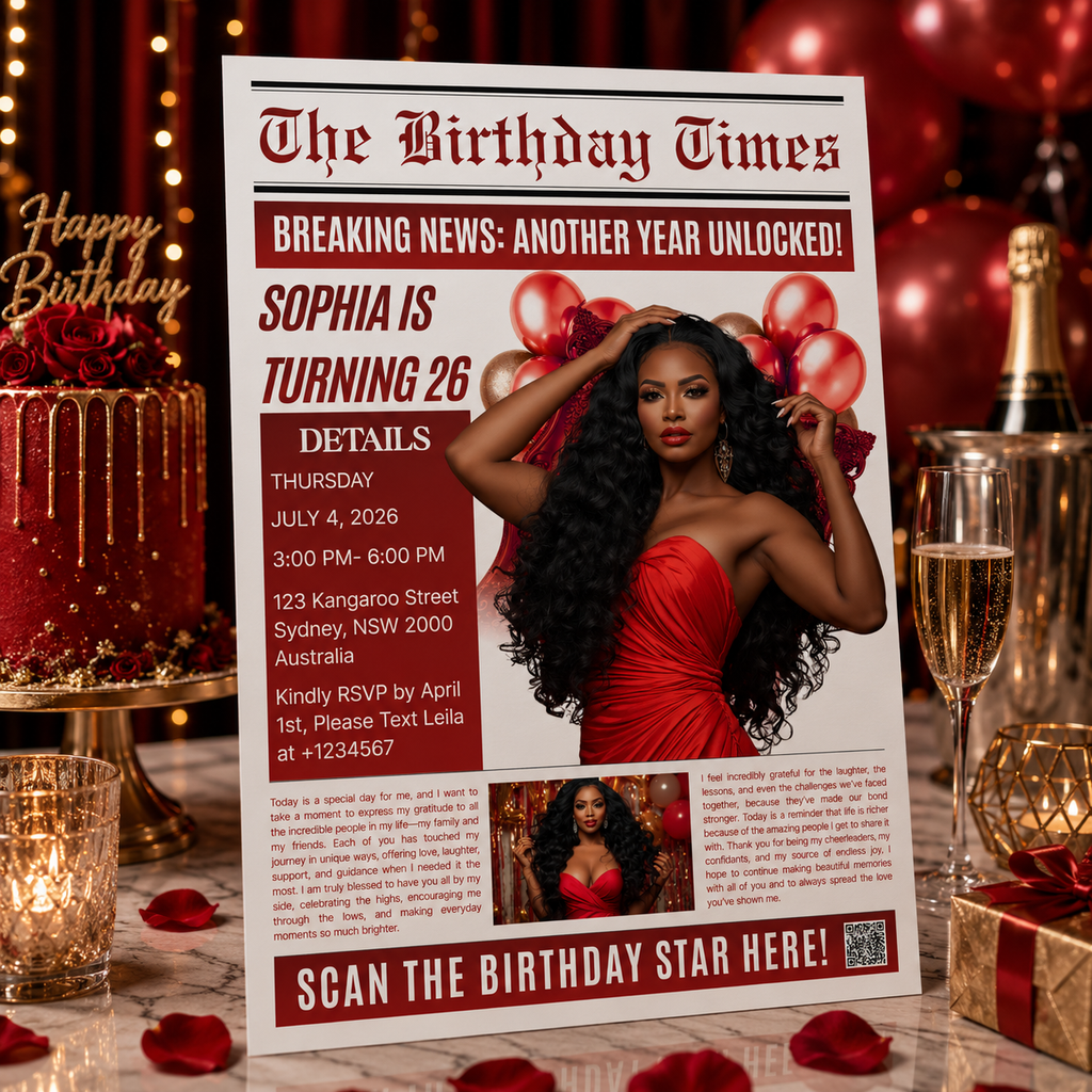 Red Newspaper Birthday Invitation with Photo, Birthday Dinner & Brunch Party Invite for Him Her, Adult Celebration Editable Canva Template