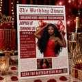 Red Newspaper Birthday Invitation with Photo, Birthday Dinner & Brunch Party Invite for Him Her, Adult Celebration Editable Canva Template