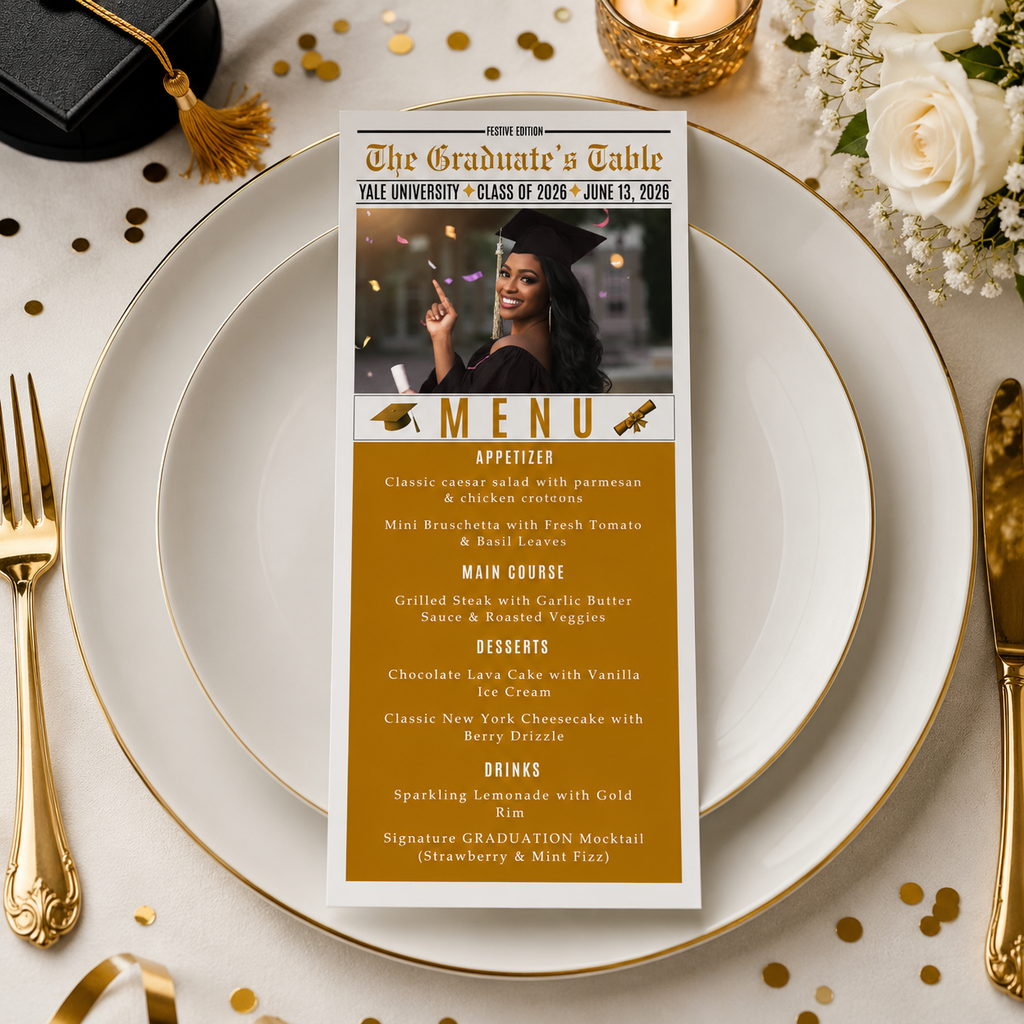 Graduation Newspaper Menu Template with Photo, Class of 2026 Senior Grad Party Dinner Menu For Him and Her, Gold Editable Printable Card