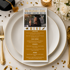 Graduation Newspaper Menu Template with Photo, Class of 2026 Senior Grad Party Dinner Menu For Him and Her, Gold Editable Printable Card