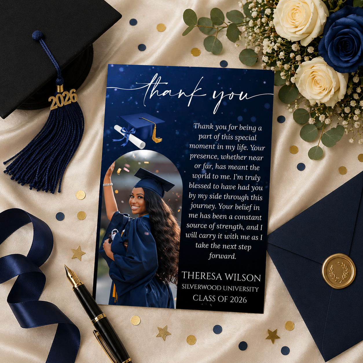 Blue Graduation Thank You Card with photo, Class of 2026 Grad Party Thank You Note For Him and Her, Editable Printable Digital Template