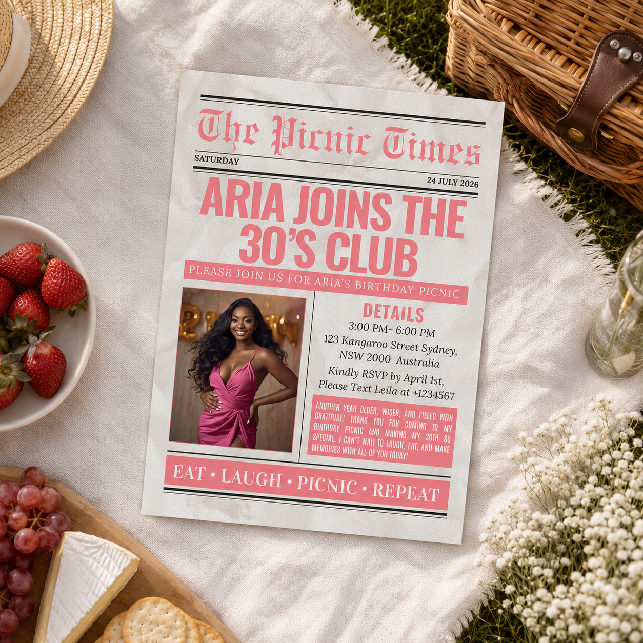 Newspaper Birthday Picnic Invitation with Photo, Pink Summer Picnic Party Invite for Women, Brunch Invite, Printable Digital Canva Template