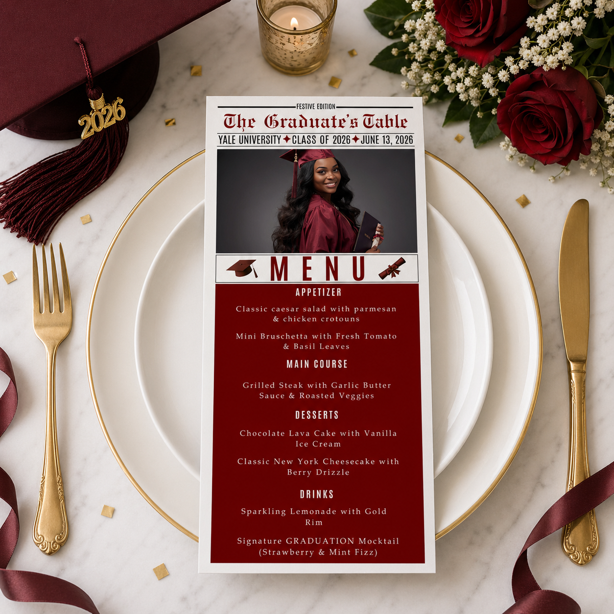Newspaper Graduation Menu Template, Class of 2026 Grad Party Dinner Menu Card For Him and Her, Maroon Graduates Menu, Printable Canva