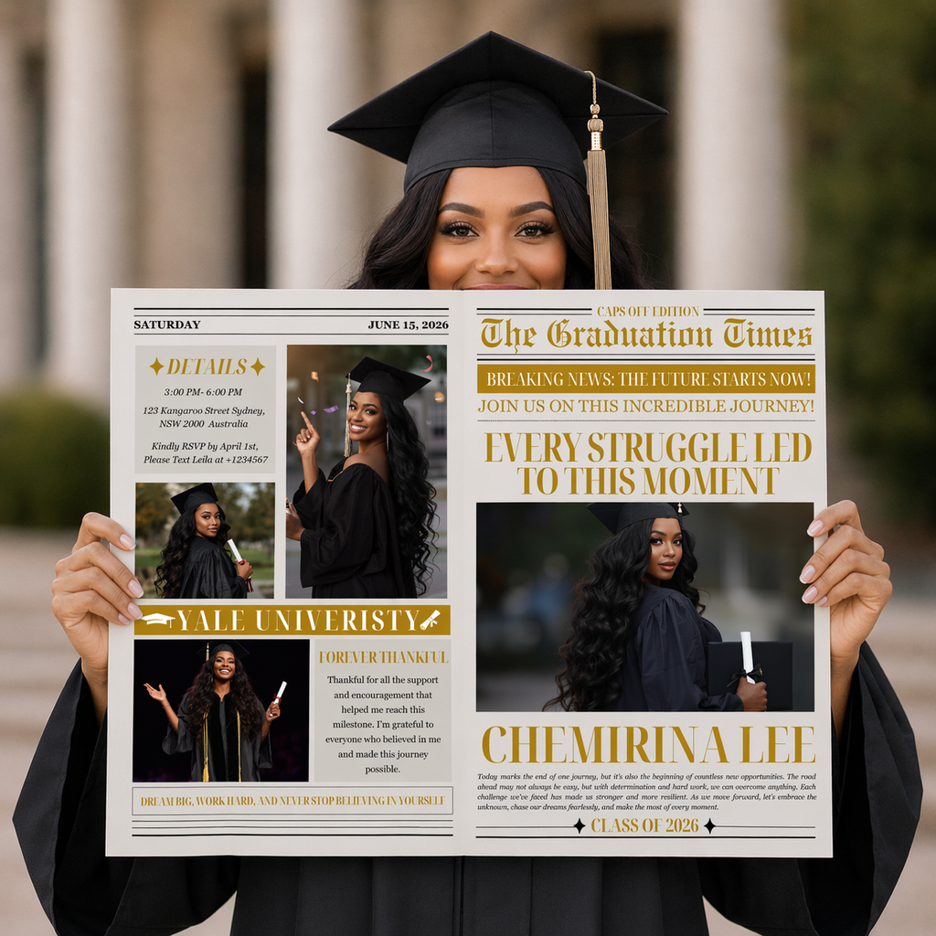 Graduation Announcement Newspaper Template with Photo, Class of 2026 for Boys and Girls, Senior Grad Invite, Gold Editable Printable Canva