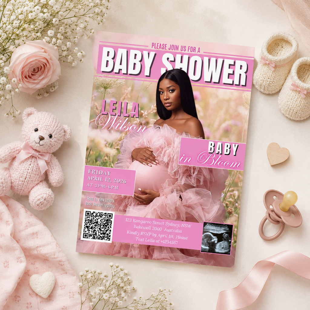Wildflower Baby Shower Invitation with Photo, Pink Floral Baby Girl Shower Invite, Baby In Bloom, Printable Editable Digital Canva Template