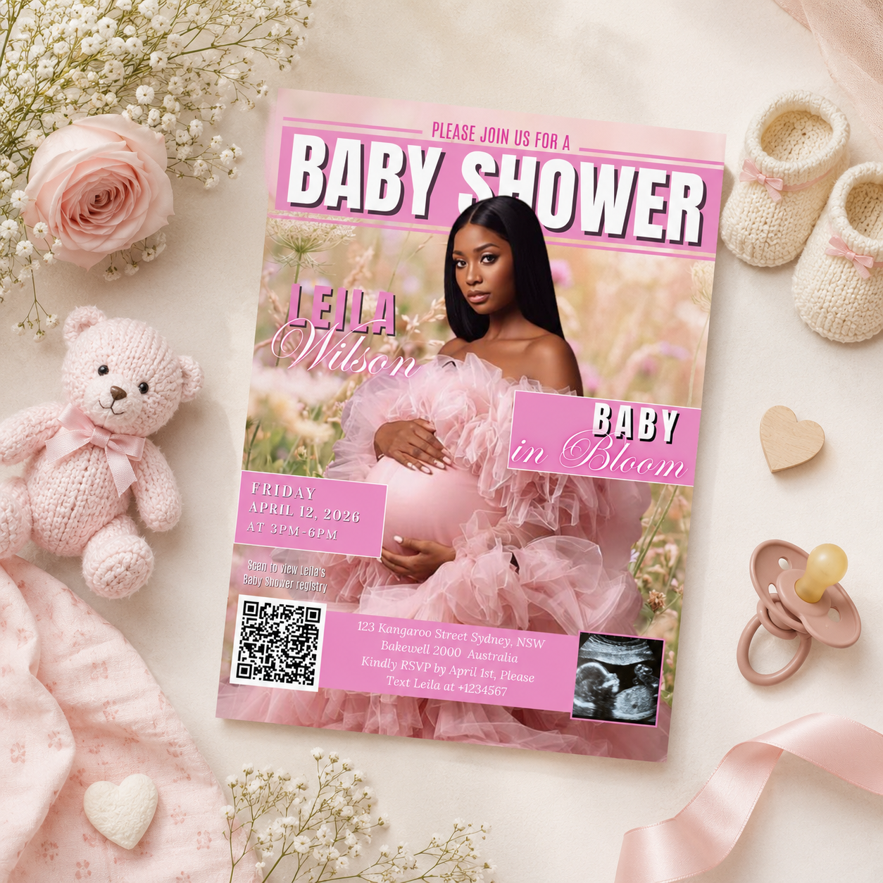 Wildflower Baby Shower Invitation with Photo, Pink Floral Baby Girl Shower Invite, Baby In Bloom, Printable Editable Digital Canva Template