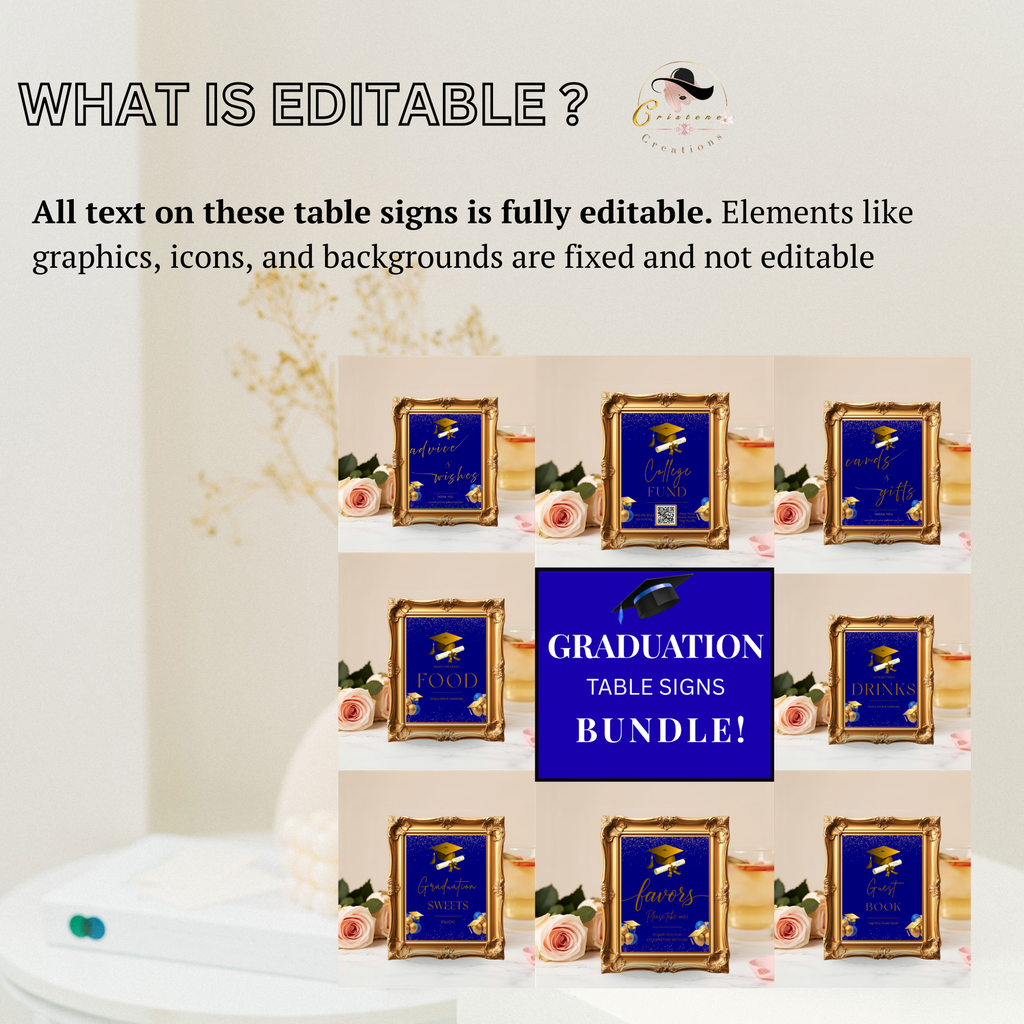 Blue Gold Graduation Party Table Signs Bundle, Senior Grad Favor sign, Dessert Sign, Food Cocktails Sign, Graduates Decor Printable Template
