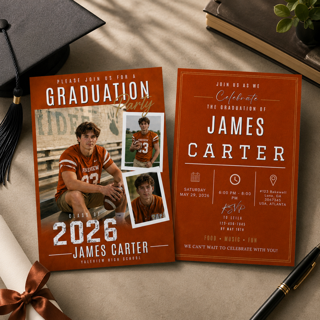 Orange Graduation Announcement Invitation with Photo for Him, Class of 2026 Senior Grad Party Invite, Boy Grad Dinner, Printable Template