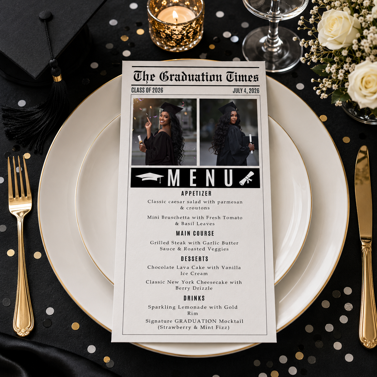 Graduation Newspaper Menu Template, Senior Grad Party Menu, Class of 2026 Dinner Menu Printable for Him and Her, Editable Printable Card
