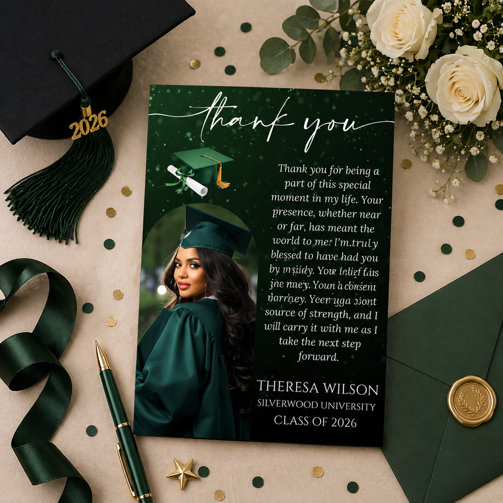 Graduation Thank You Card with Photo, High School College Grad Party Thank You Note For Him Her, Green Editable Printable Digital Template