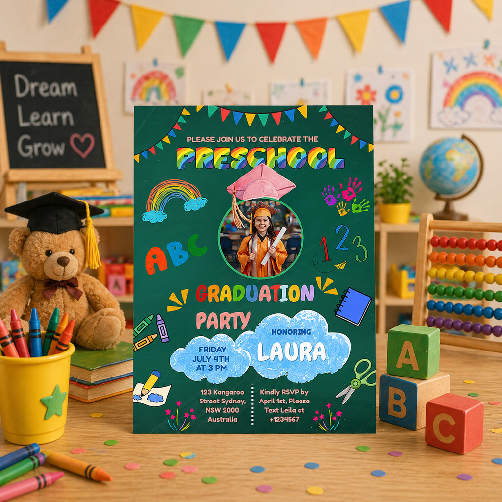 Pre K Graduation Invite with Photo, Preschool Grad Invitation, Kindergarten Class of 2026 Kids Party Invite, Canva Printable Template