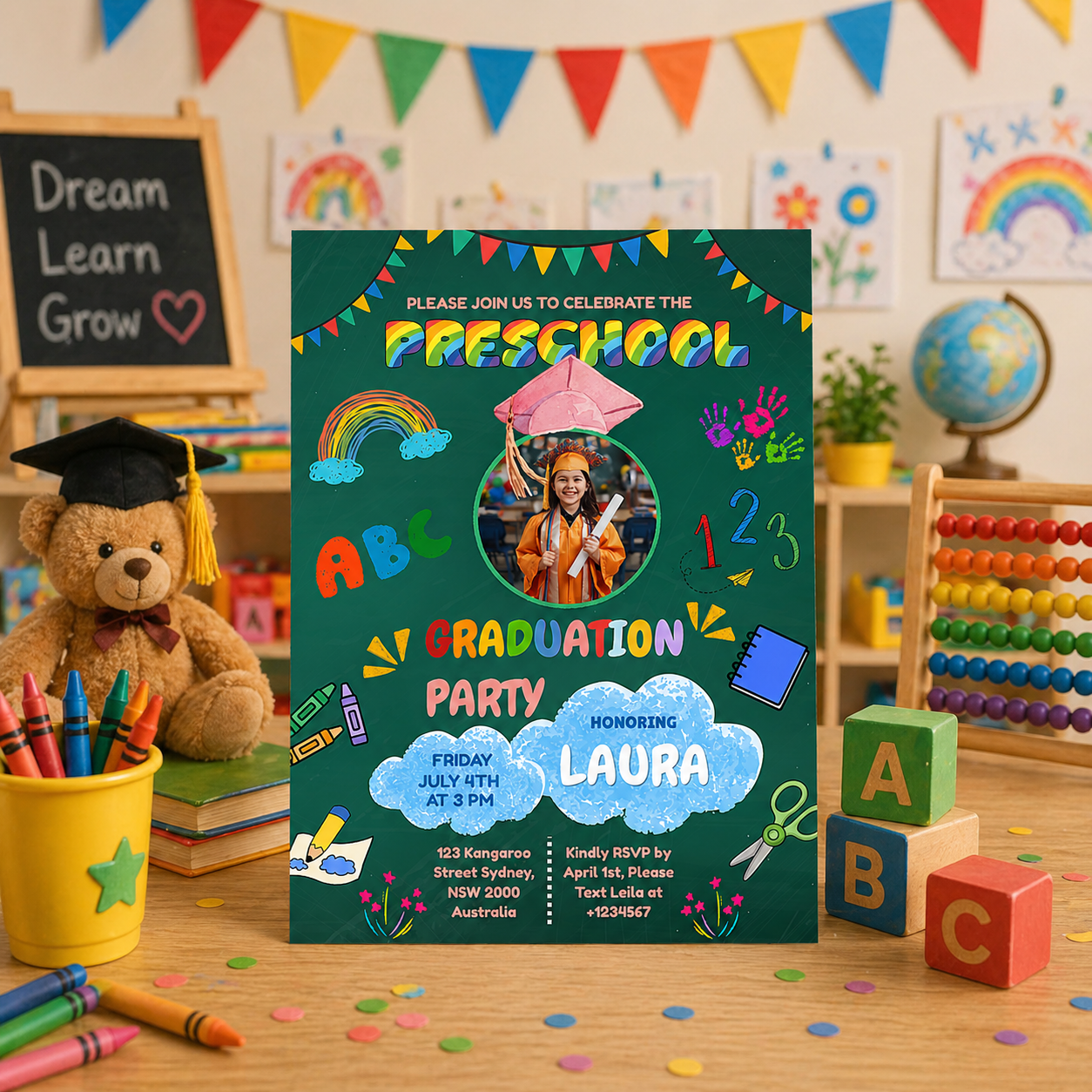 Pre K Graduation Invite with Photo, Preschool Grad Invitation, Kindergarten Class of 2026 Kids Party Invite, Canva Printable Template