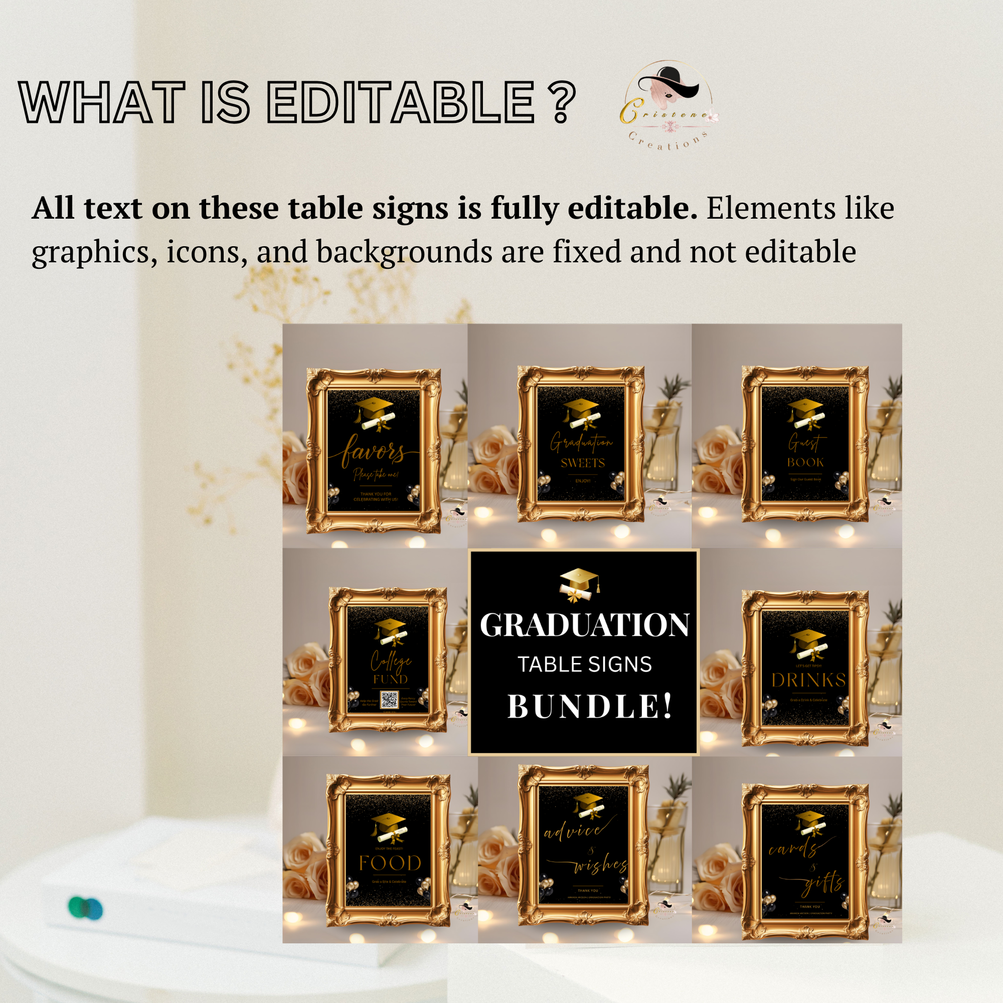 Black Gold Graduation Party Table Signs Bundle, Senior Grad Favor sign, Dessert Sign, Food and Drinks Sign, Graduates Printable Template