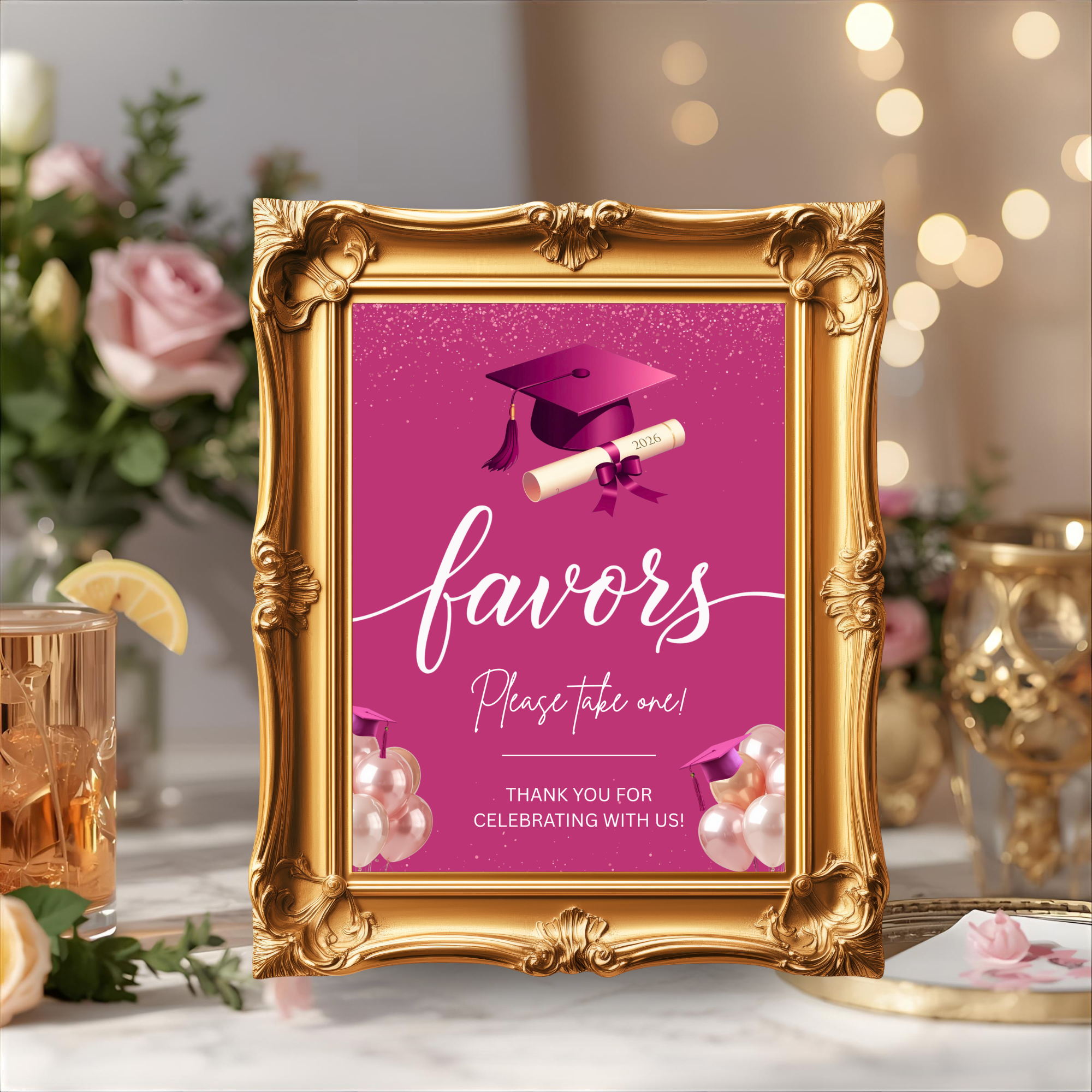 Pink Graduation Party Table Signs Bundle, Senior Grad Favor sign, Dessert Sign, Food and Drinks Sign, Woman Graduates Printable Template