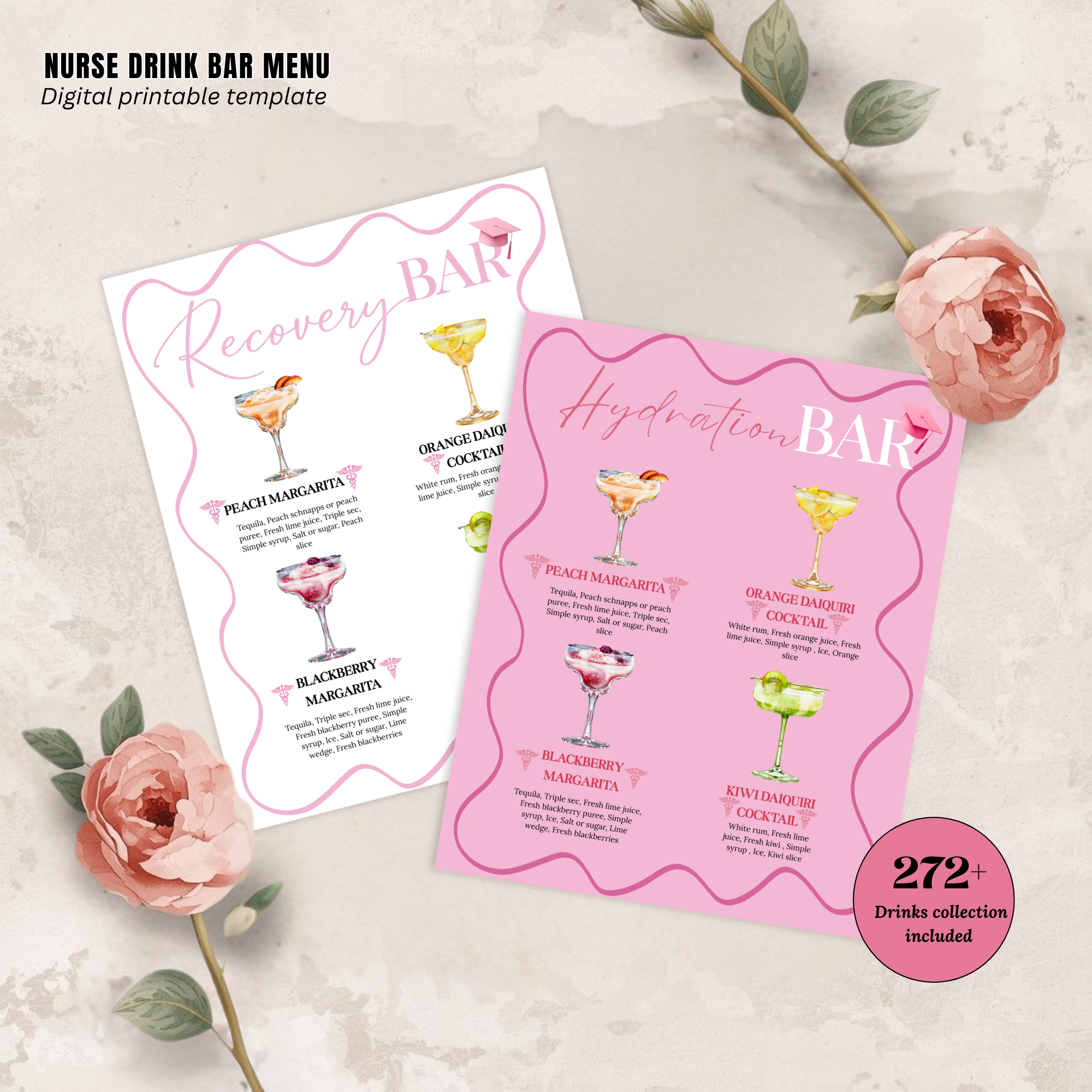 Nurse Graduation Drink Sign, Pink RN LPN CNA Cocktail Menu Card, Nursing Signature Drinks Hydration Station, Editable Printable Template