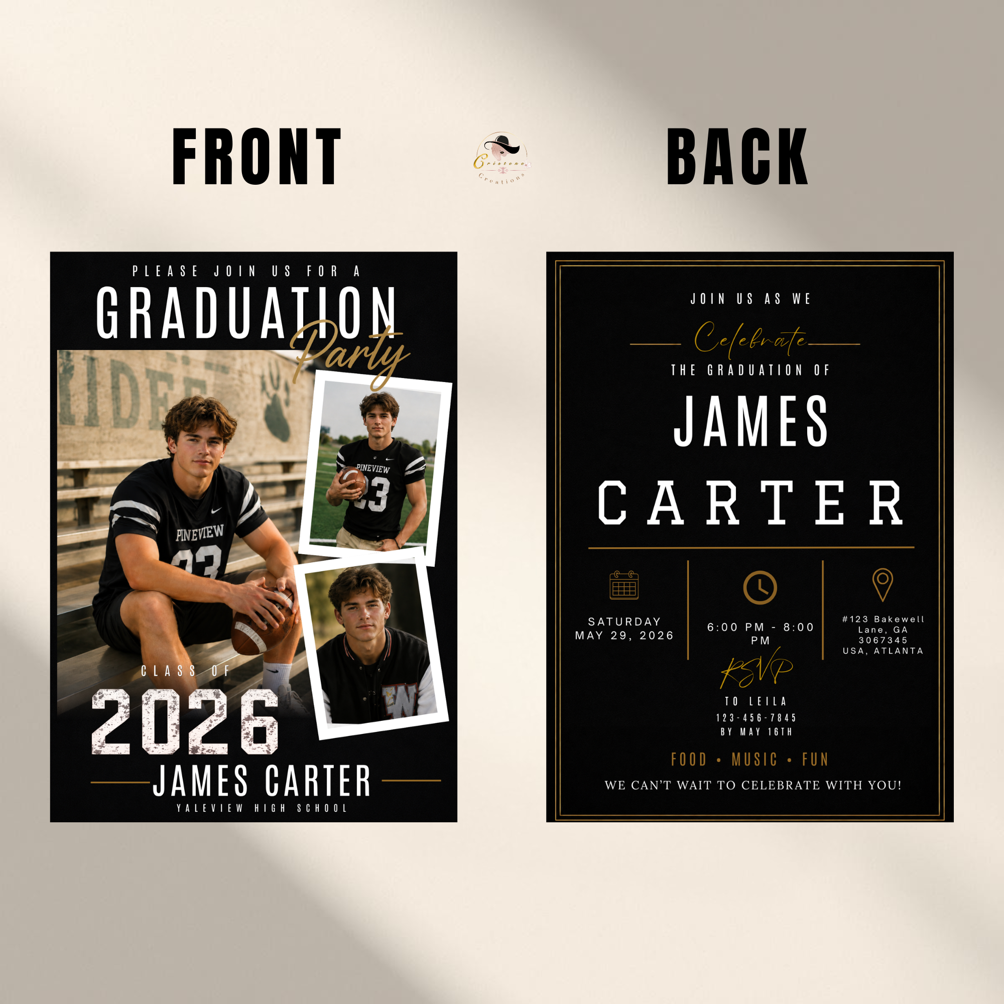 Graduation Invitation with Photo for Him, Class of 2026 Grad Announcement, High School College Grad Party, Black Printable Editable Template