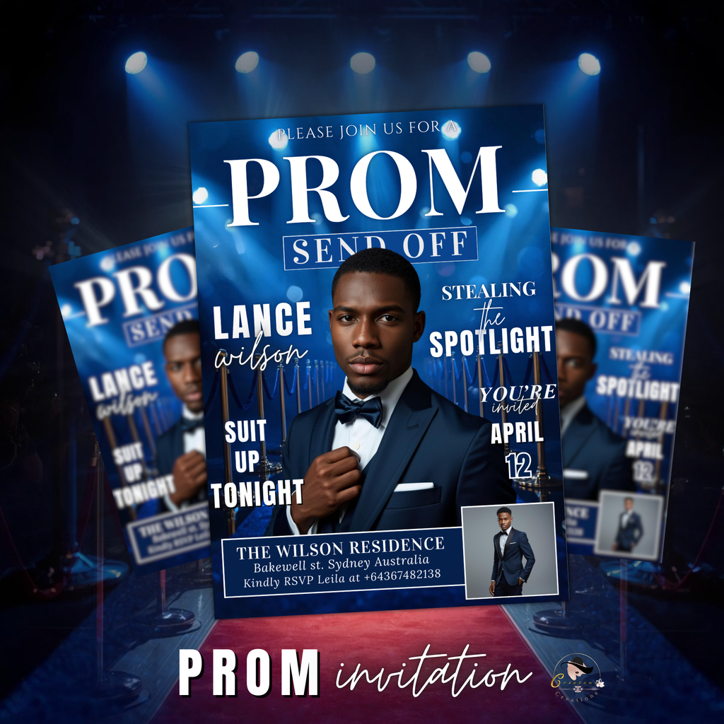 Blue Prom Send Off Invitation, Prom King Party with photo invite, Teen Boy Prom Night Flyer, Magazine Style Digital Printable Template