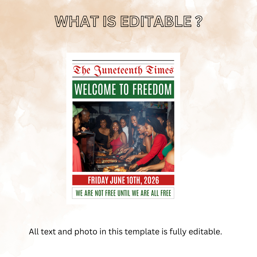 Newspaper Juneteenth Welcome Sign Template with Photo, Black Freedom Day BBQ Cookout Celebration, June 19th Party Sign Printable Template