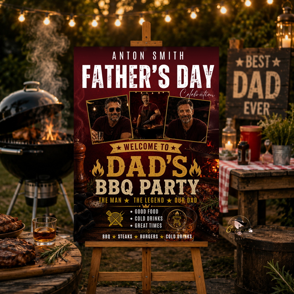 Red Fathers Day BBQ Welcome Sign with Photo, Dad Backyard Barbecue Party Poster Sign, Summer Cookout, Editable Printable Canva Template