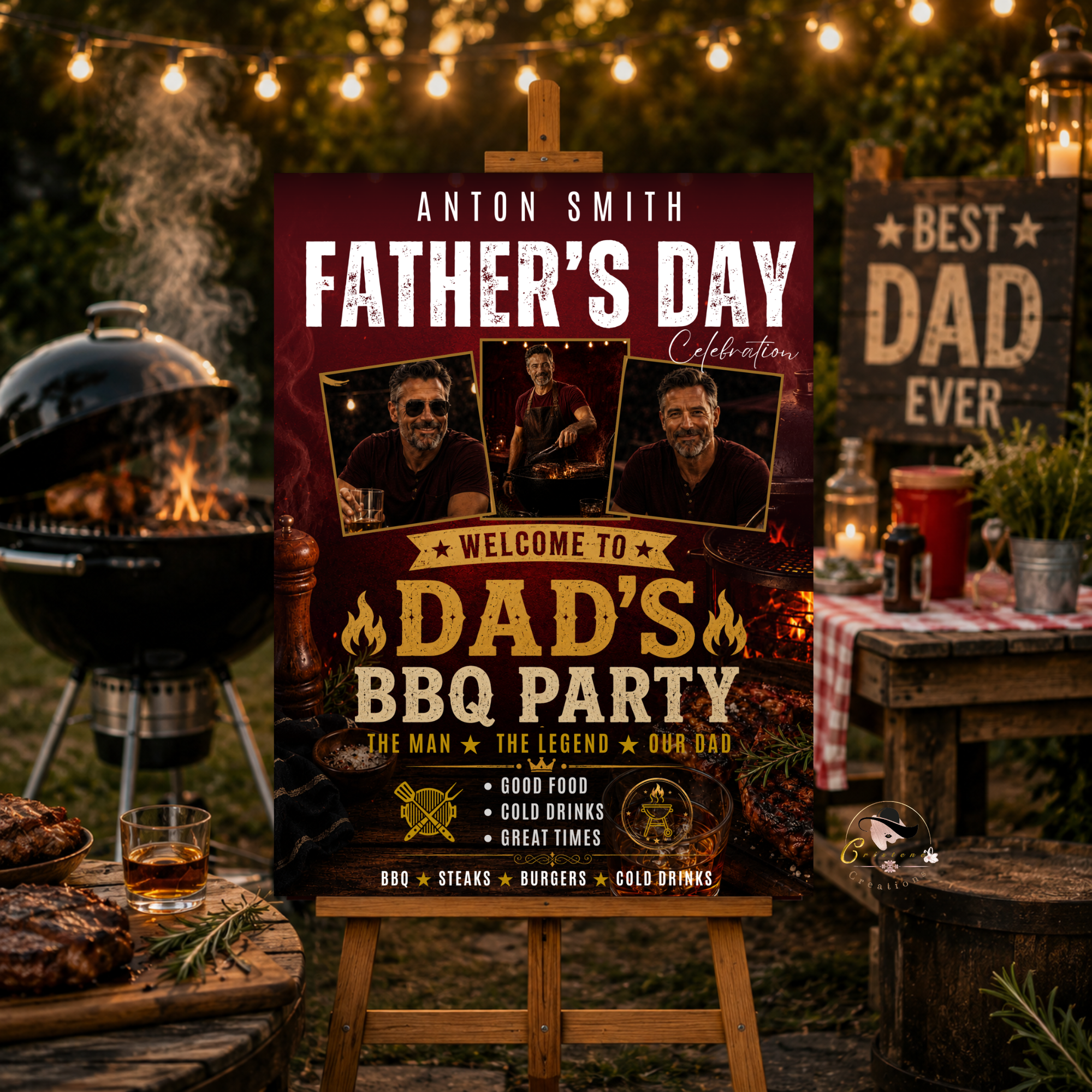 Red Fathers Day BBQ Welcome Sign with Photo, Dad Backyard Barbecue Party Poster Sign, Summer Cookout, Editable Printable Canva Template