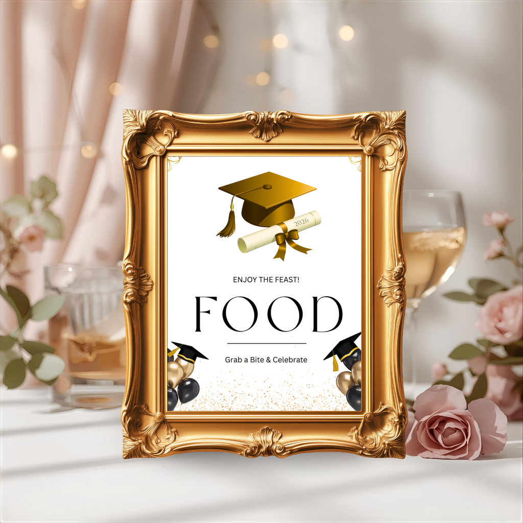 White Gold Graduation Party Table Signs Bundle, Senior Grad Favor sign, Dessert Sign Food and Drinks Sign Graduates Decor Printable Template