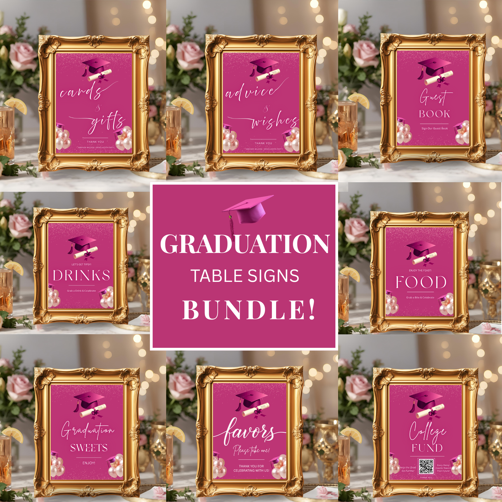 Pink Graduation Party Table Signs Bundle, Senior Grad Favor sign, Dessert Sign, Food and Drinks Sign, Woman Graduates Printable Template
