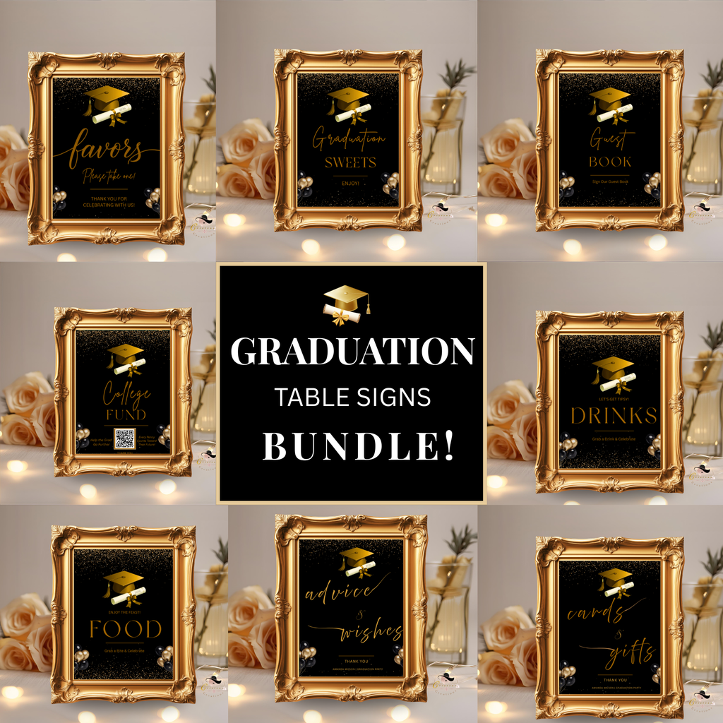 Black Gold Graduation Party Table Signs Bundle, Senior Grad Favor sign, Dessert Sign, Food and Drinks Sign, Graduates Printable Template