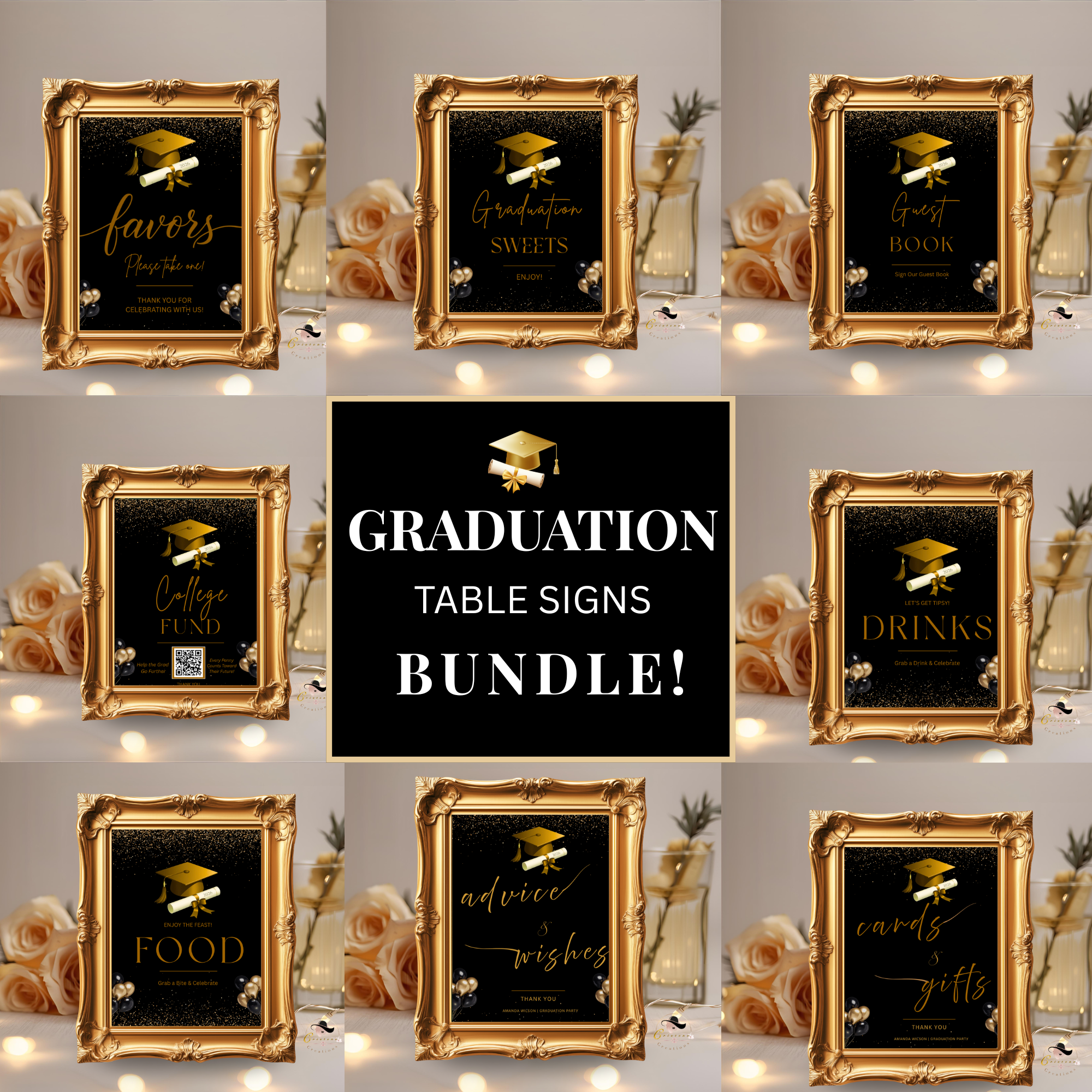 Black Gold Graduation Party Table Signs Bundle, Senior Grad Favor sign, Dessert Sign, Food and Drinks Sign, Graduates Printable Template