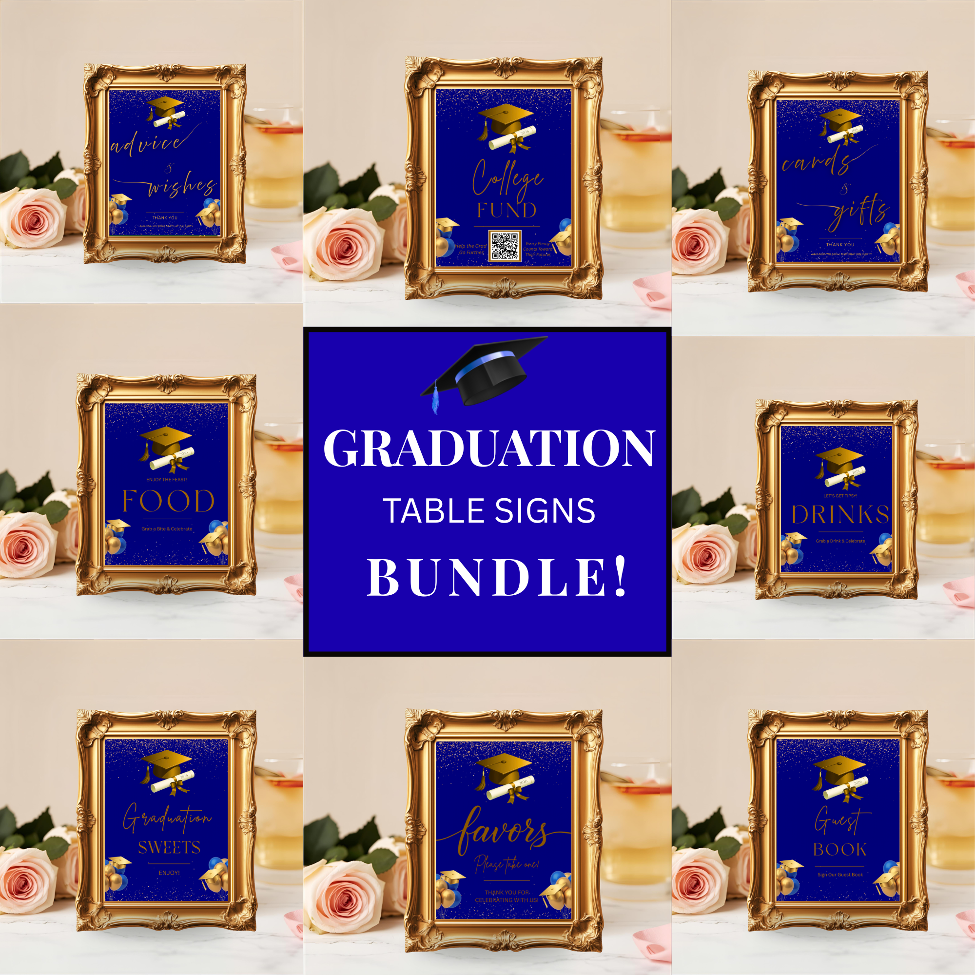 Blue Gold Graduation Party Table Signs Bundle, Senior Grad Favor sign, Dessert Sign, Food Cocktails Sign, Graduates Decor Printable Template