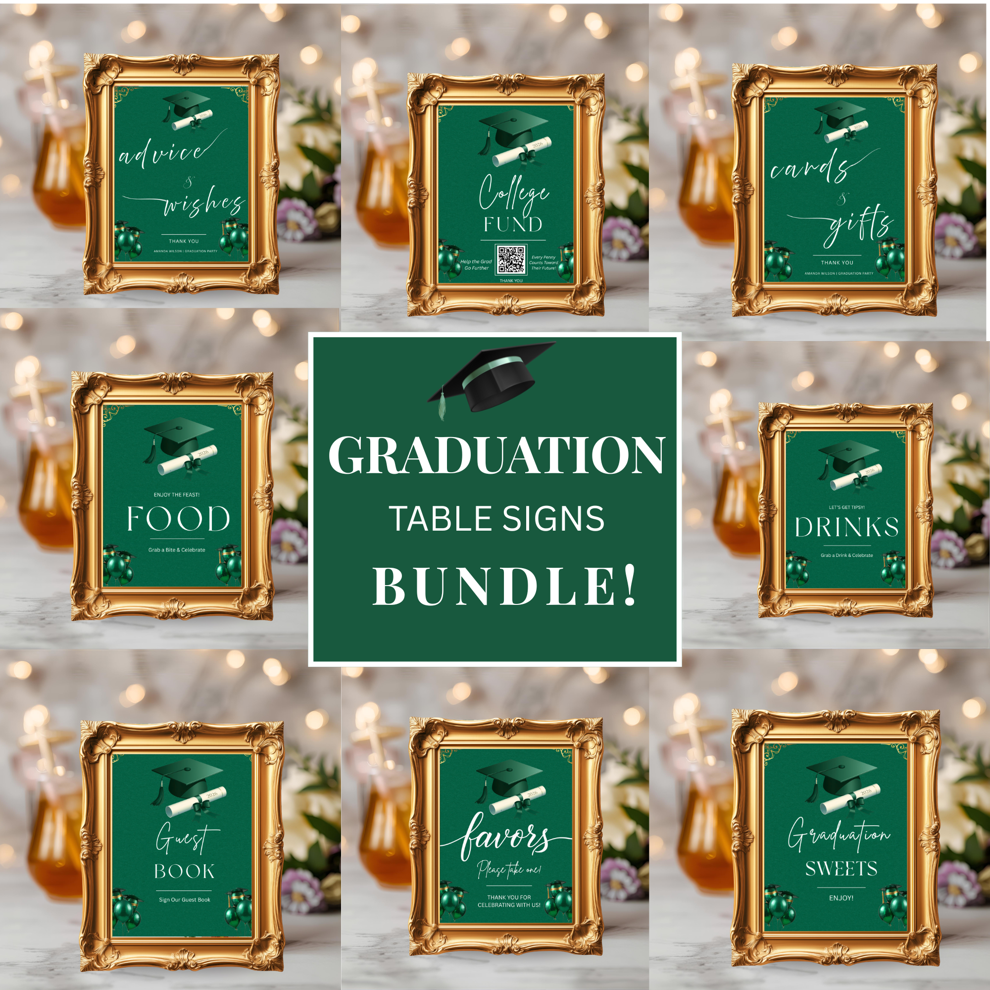 Green Gold Graduation Party Table Signs Bundle, Senior Grad Favor sign, Dessert Sign, College Fund Sign, Graduates Decor Printable Template