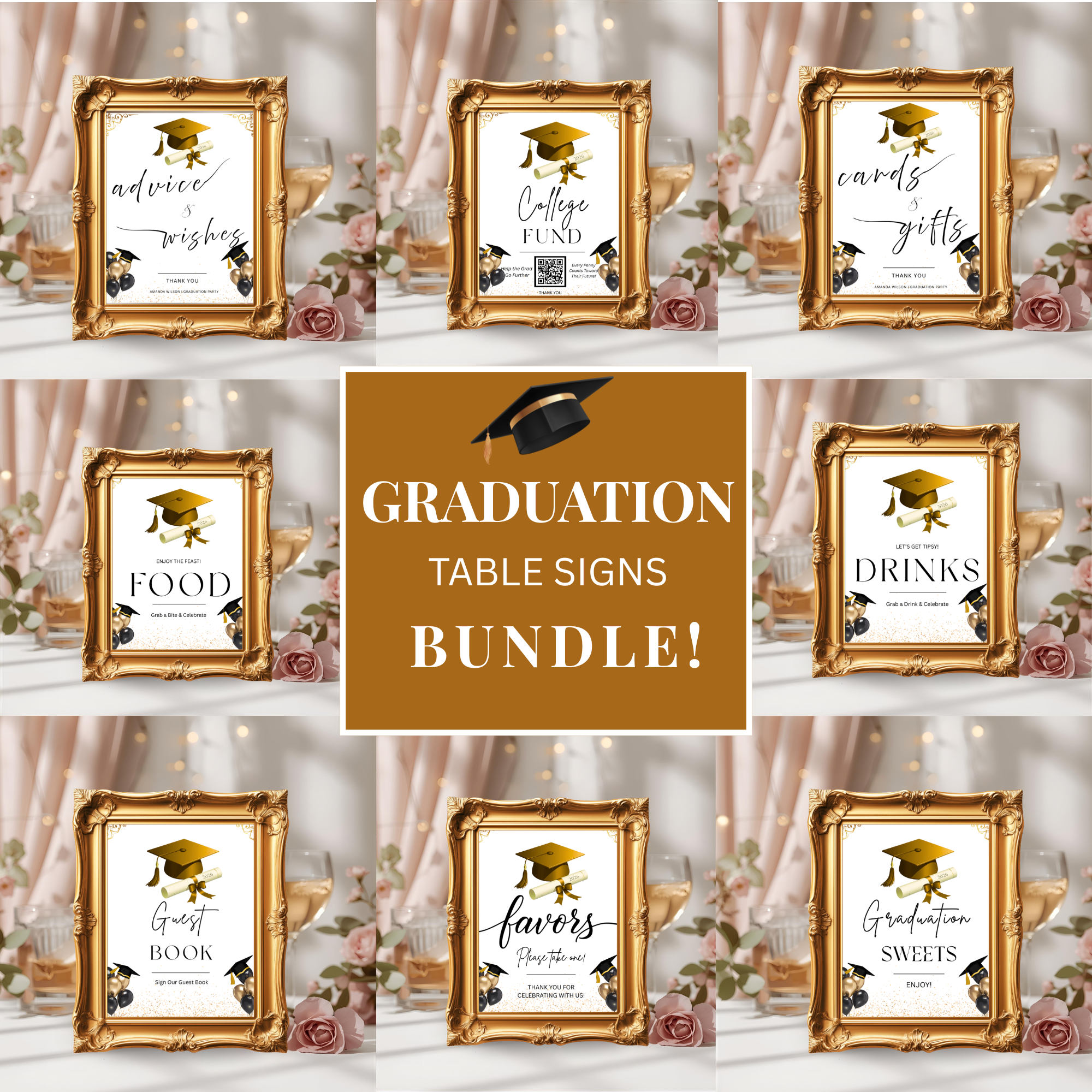 White Gold Graduation Party Table Signs Bundle, Senior Grad Favor sign, Dessert Sign Food and Drinks Sign Graduates Decor Printable Template