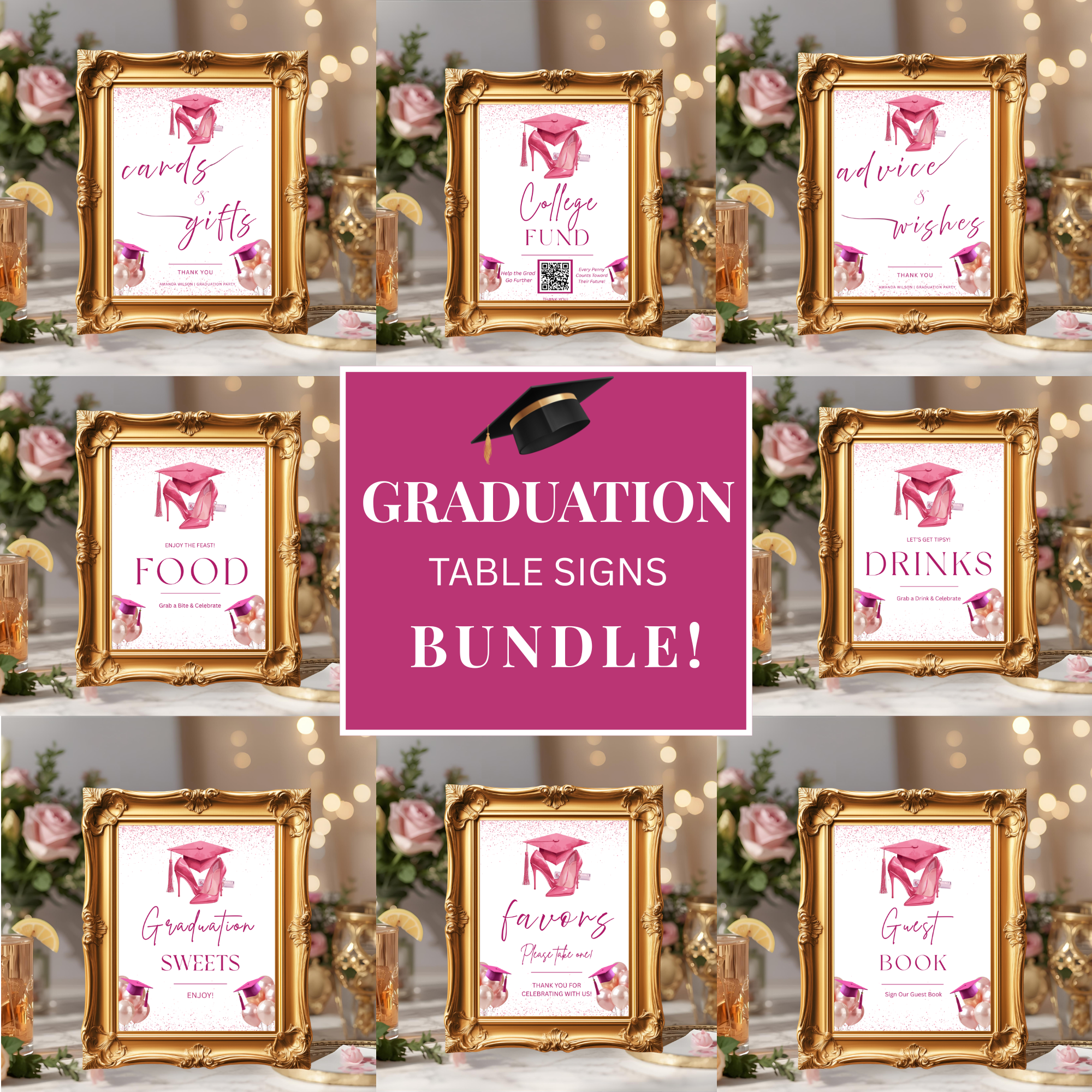 Graduation Party Table Signs Bundle, Senior Grad Favor sign, Dessert Sign, Food and Drinks Sign, Woman Graduates Decor Printable Template