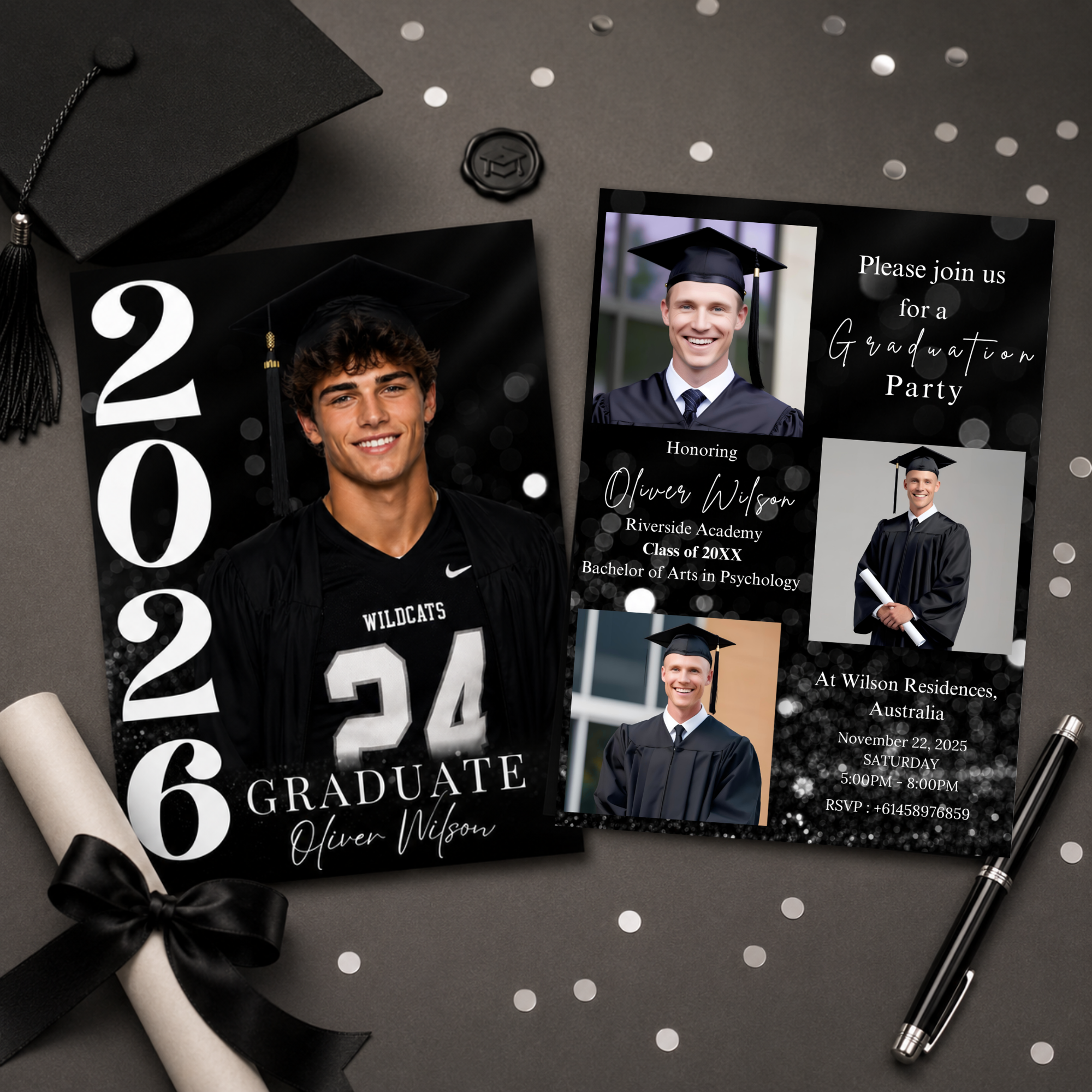 Black Graduation Invitation with Photo for Him, Class of 2026 Senior Grad Party Announcement Invite, Printable Editable Digital Template