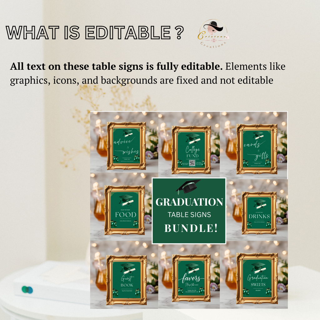 Green Gold Graduation Party Table Signs Bundle, Senior Grad Favor sign, Dessert Sign, College Fund Sign, Graduates Decor Printable Template