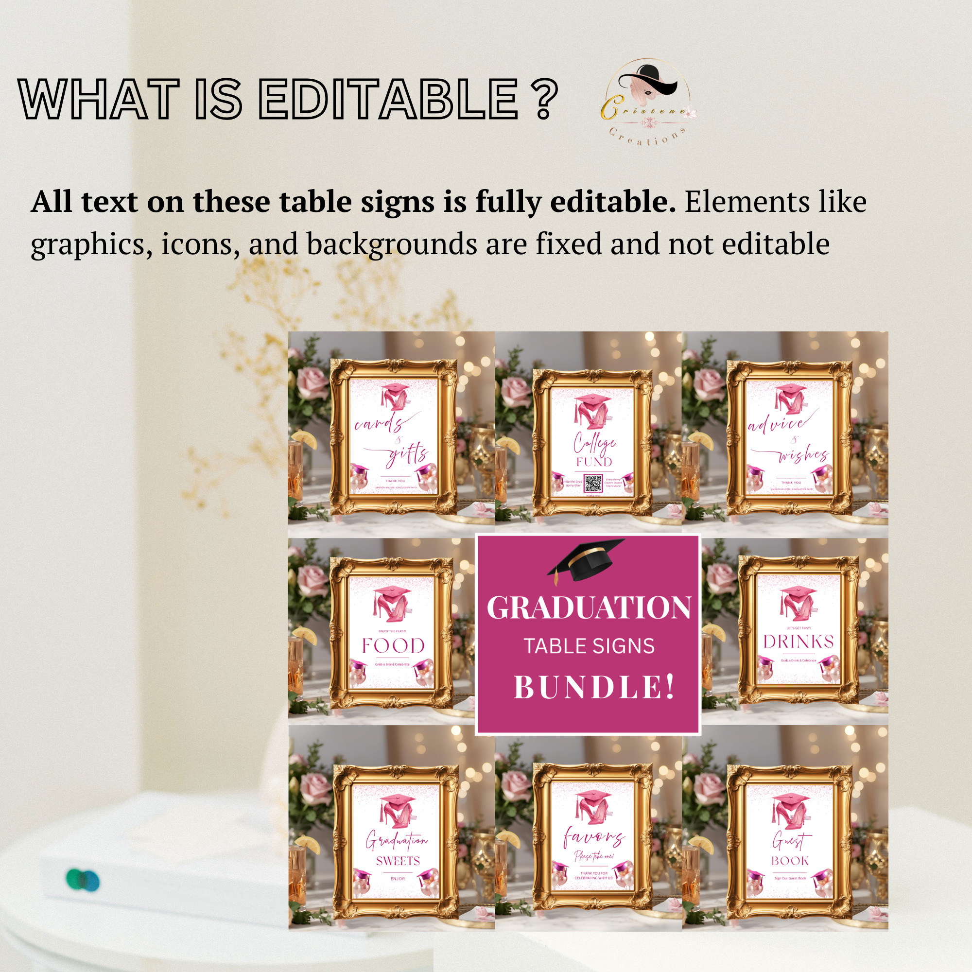 Graduation Party Table Signs Bundle, Senior Grad Favor sign, Dessert Sign, Food and Drinks Sign, Woman Graduates Decor Printable Template