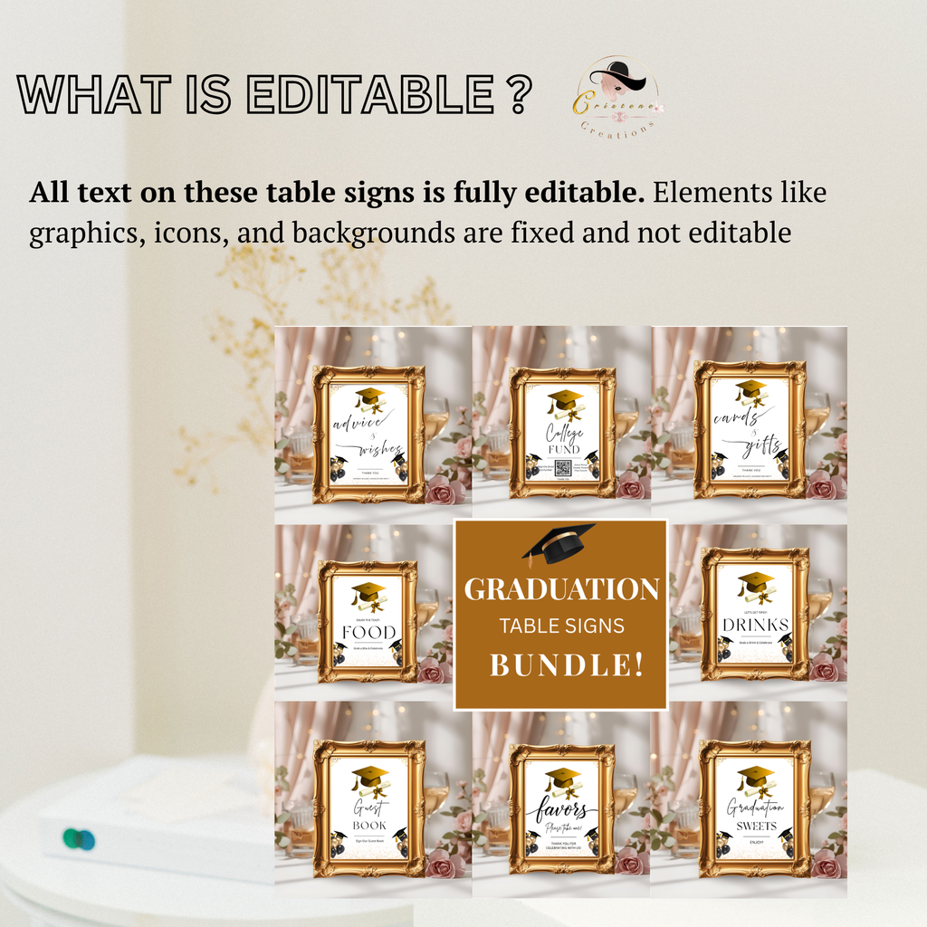 White Gold Graduation Party Table Signs Bundle, Senior Grad Favor sign, Dessert Sign Food and Drinks Sign Graduates Decor Printable Template