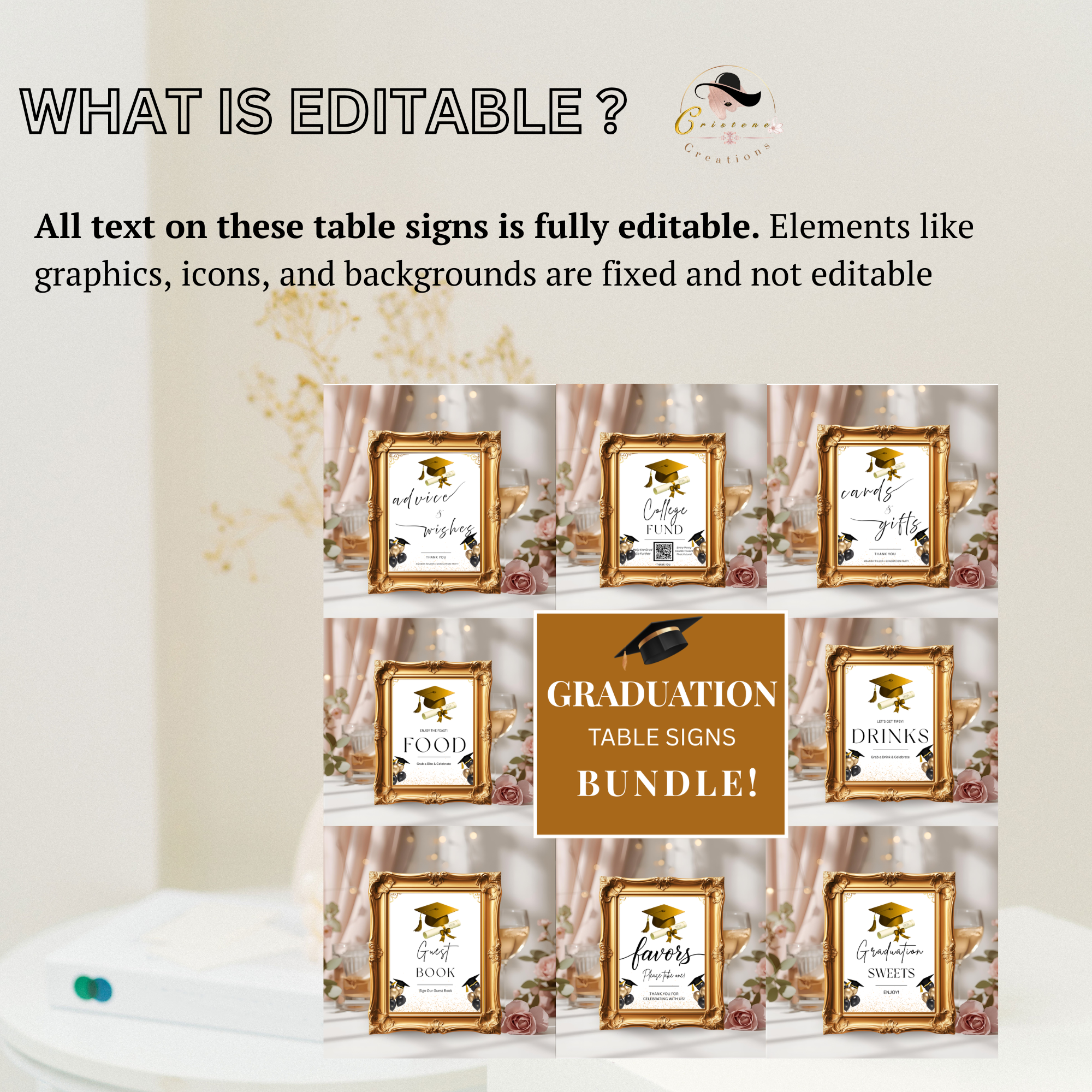 White Gold Graduation Party Table Signs Bundle, Senior Grad Favor sign, Dessert Sign Food and Drinks Sign Graduates Decor Printable Template