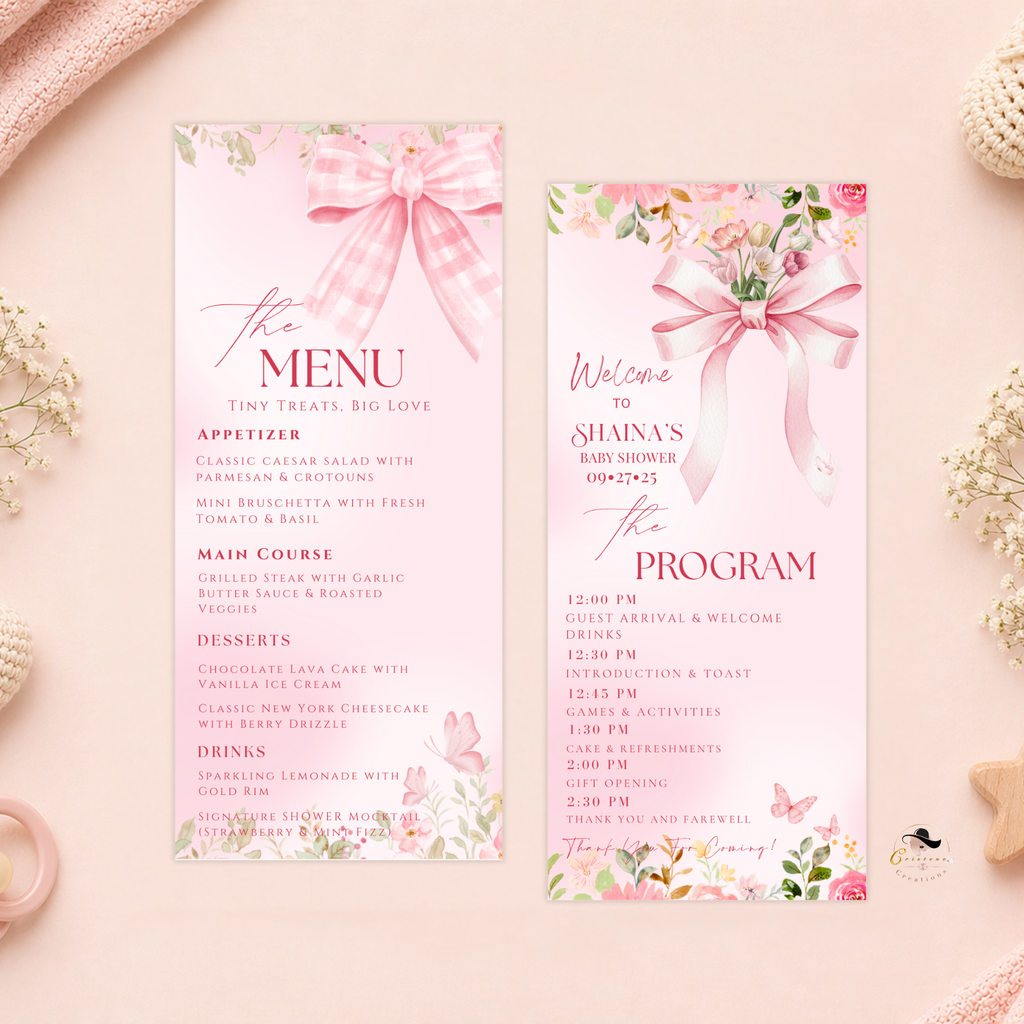 Baby Shower Menu and Program Template, Pink Wildflower Bow Coquette Theme, Baby Girl Shower Itinerary Card Editable Canva Printable Template