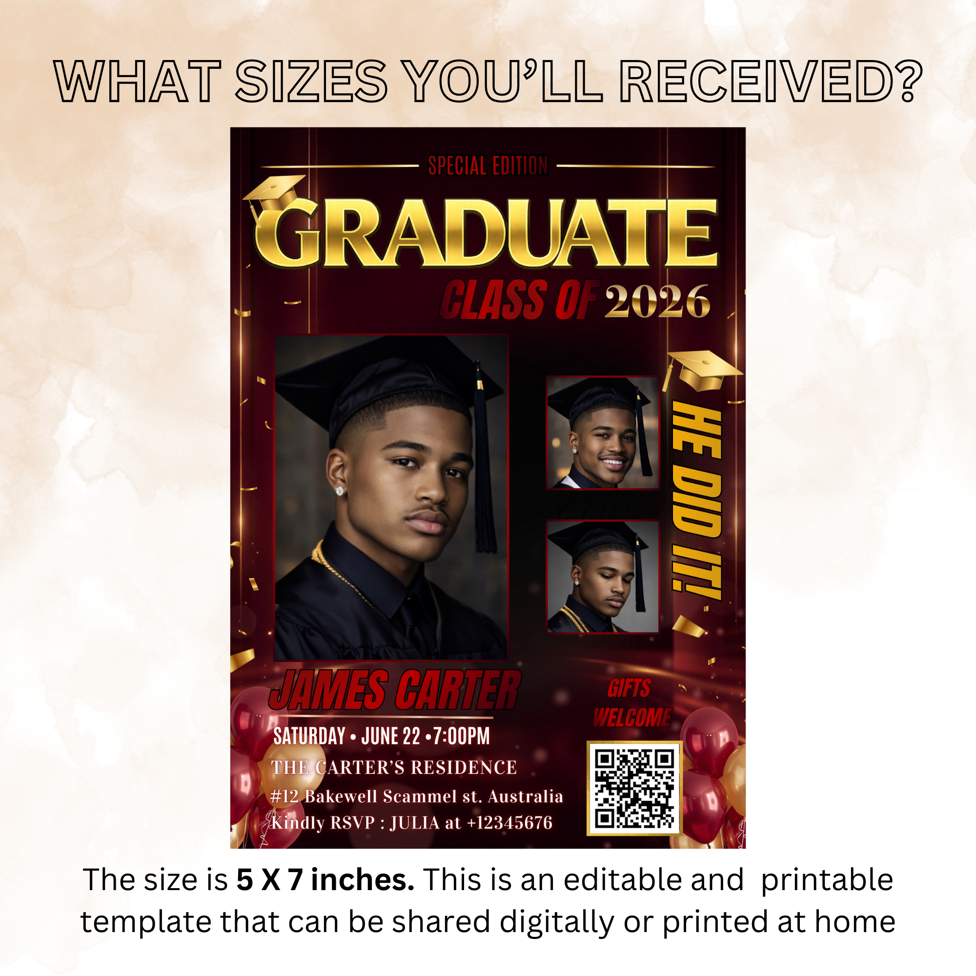 Boy Graduation Invitation, Senior Grad Party with photos invite, Male College High school Graduates Announcement, Maroon Gold Flyer Template