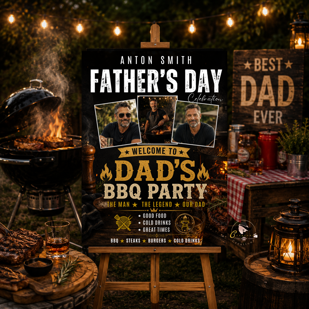 Father’s Day BBQ Party Welcome Sign with photo, Dad Barbecue Cookout Poster Sign, Backyard Grill Summer Pool Party, Printable Canva Template