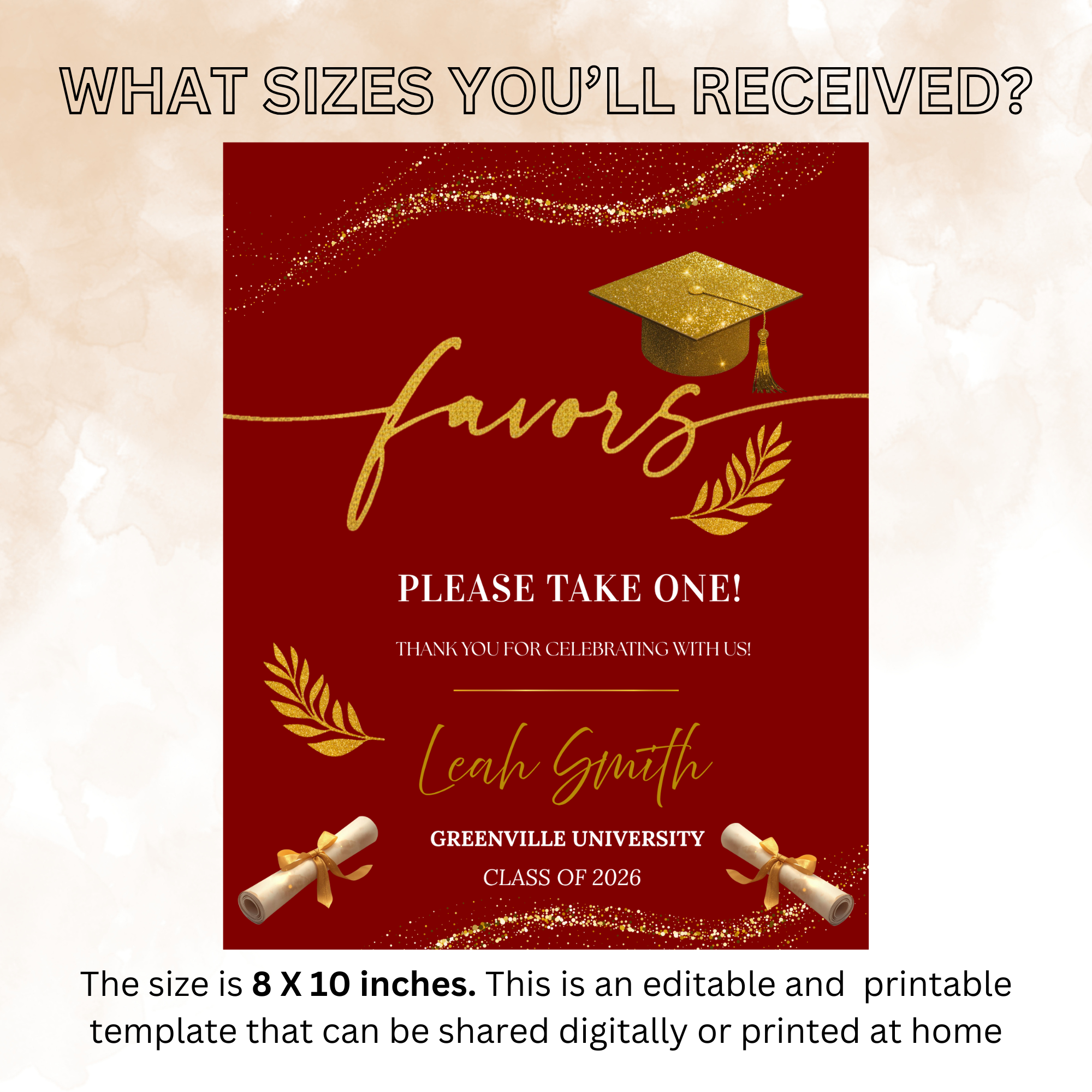 Graduation Favor Sign Template, Red Gold Grad Table Sign, Class of 2026 Party Favors Sign, High School Party Sign, Digital Printable Canva