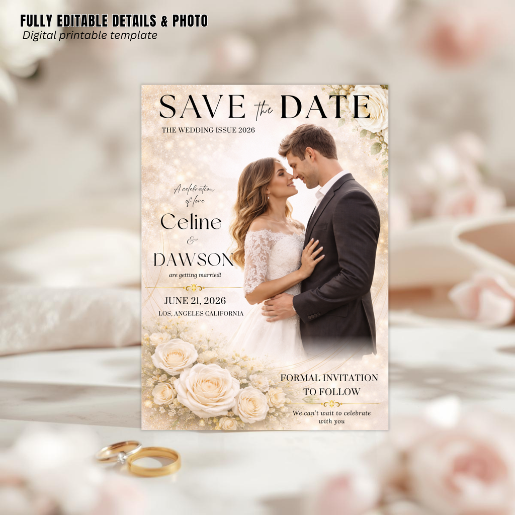Wedding Save the Date Invitation, White Gold Floral Save Date Party with photo invite, Editable Canva Printable Digital Template