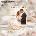 Wedding Save the Date Invitation, White Gold Floral Save Date Party with photo invite, Editable Canva Printable Digital Template