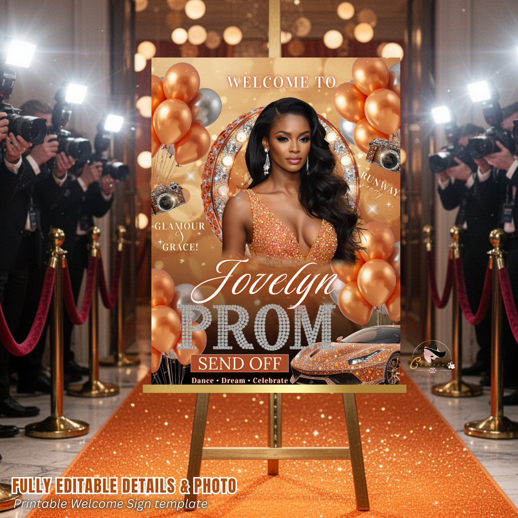 Orange Prom Send Off Welcome Party Sign, Prom Queen Poster Sign with photo, Elegant Party Board Sign, Senior Junior Night Printable Template