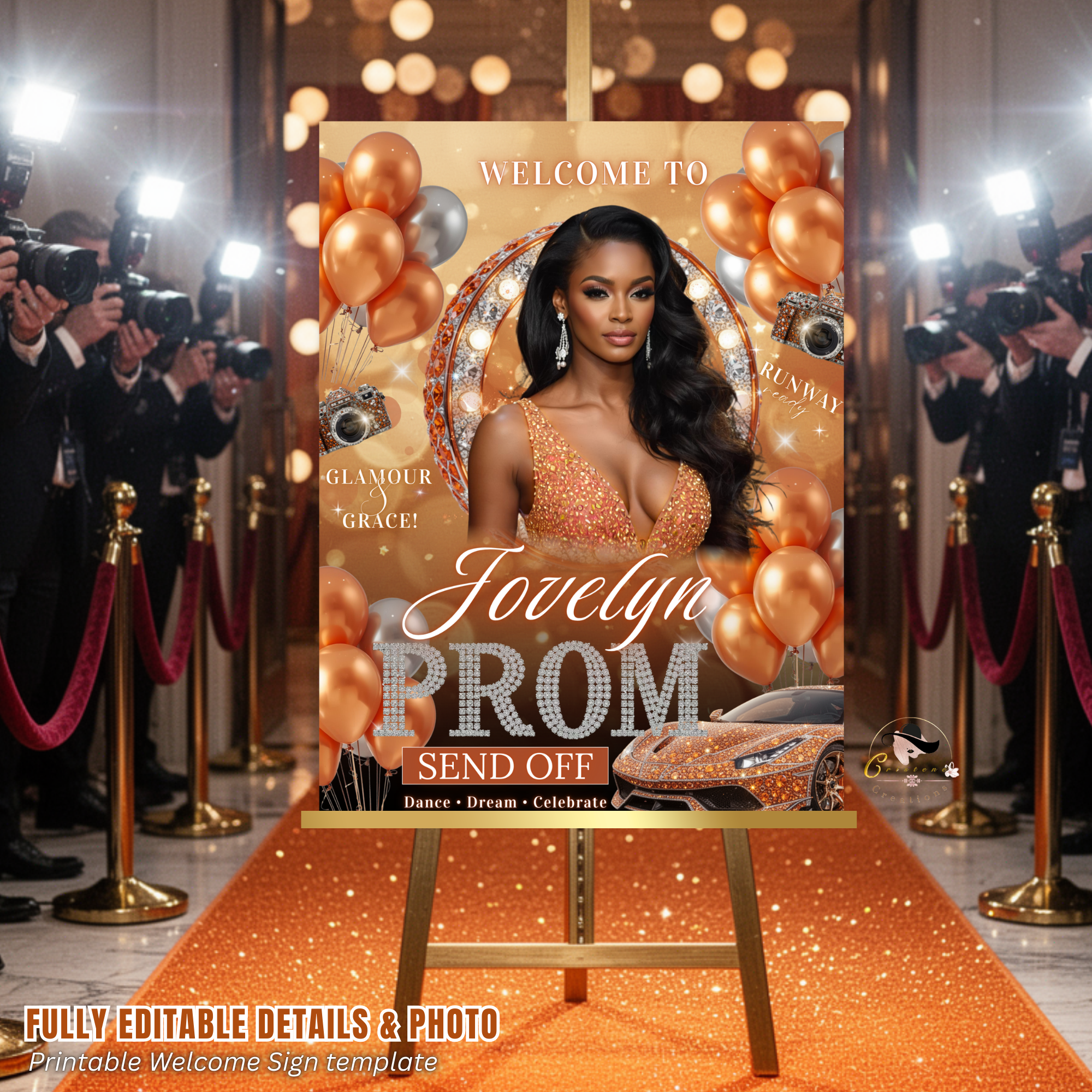 Orange Prom Send Off Welcome Party Sign, Prom Queen Poster Sign with photo, Elegant Party Board Sign, Senior Junior Night Printable Template
