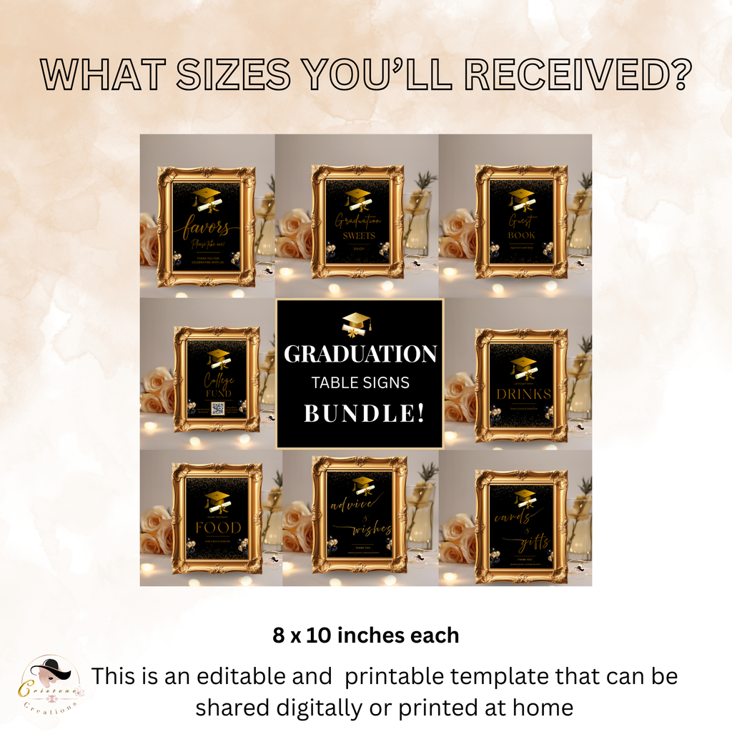 Black Gold Graduation Party Table Signs Bundle, Senior Grad Favor sign, Dessert Sign, Food and Drinks Sign, Graduates Printable Template